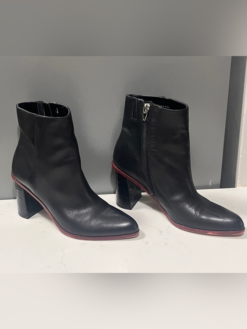 Dolce Vita Black Leather Ankle Boots with Burgandy Sole Trim